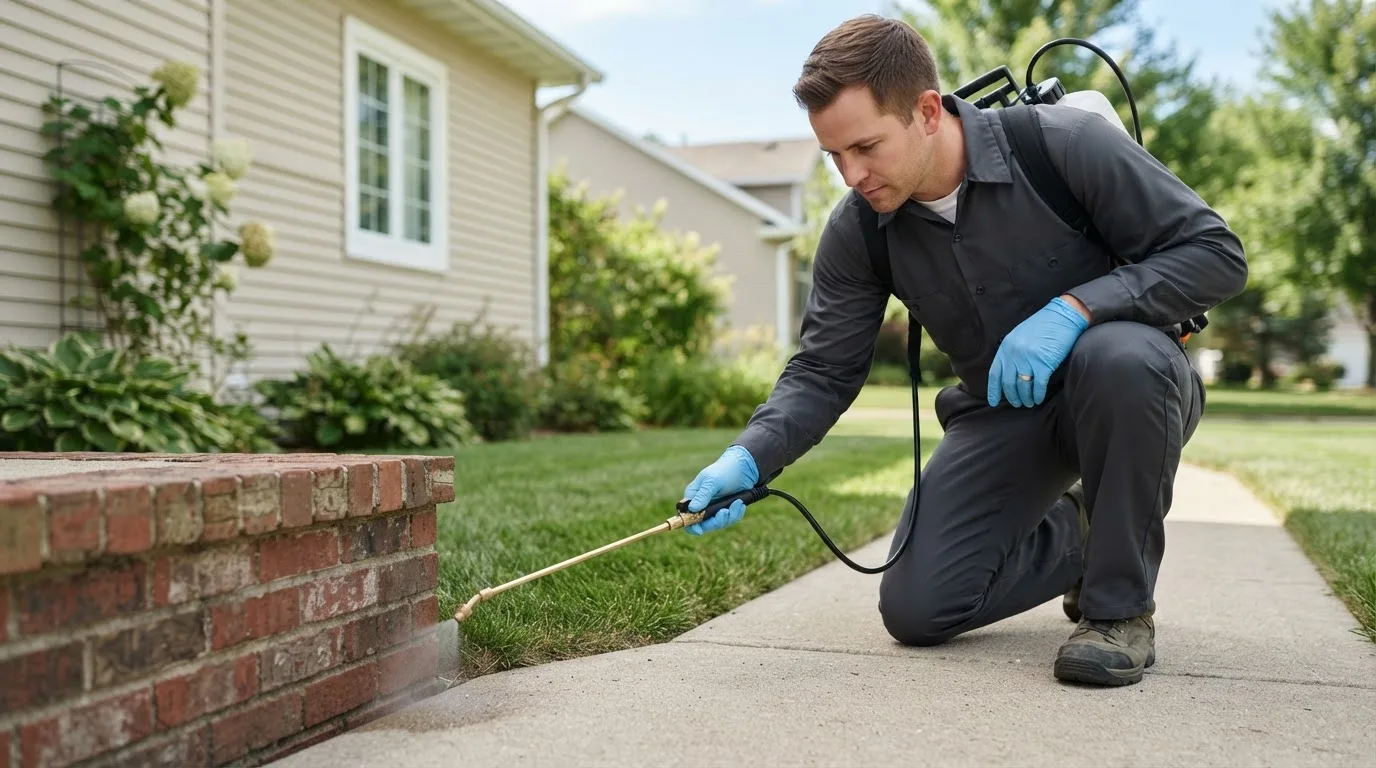 Pest control technician treating a home near Milford, NH