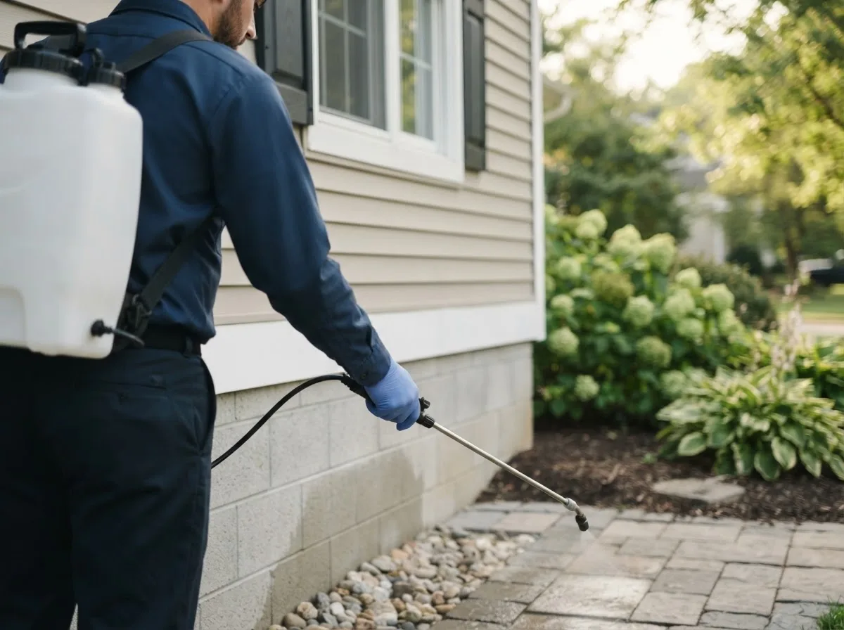 Pest control technician inspecting a home in Milford, NH